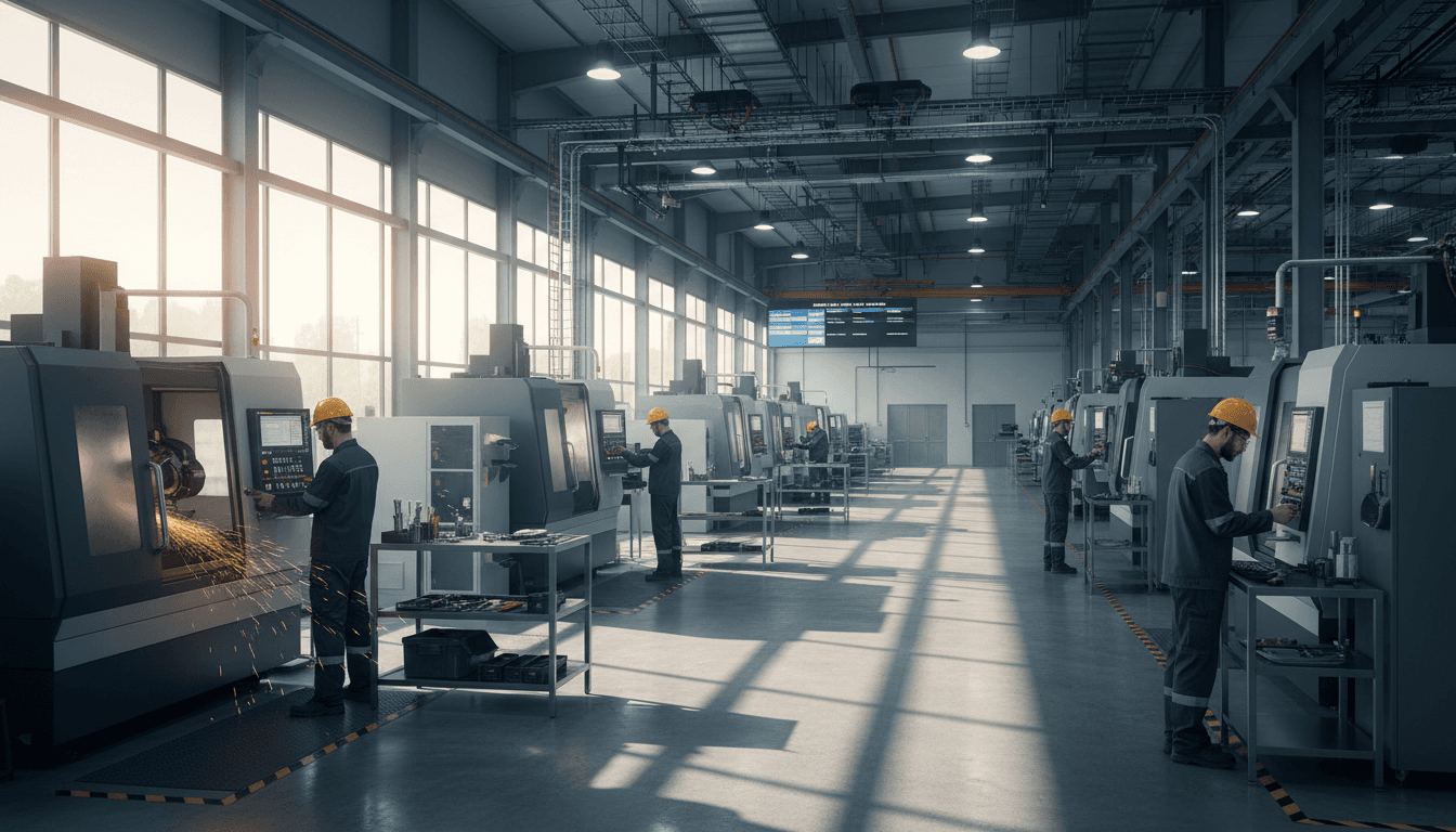 Heavy CNC machine being rigged through a factory bay door on rollers while a designer reviews a plant layout tablet, pneumatic lines and conduit reels in the foreground, high-contrast industrial documentary