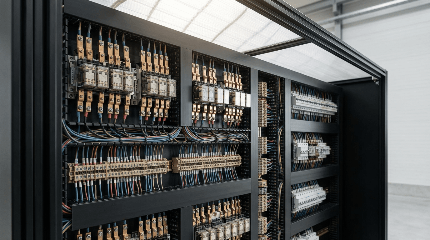 Modern electrical control panel with organized wiring and glowing lights