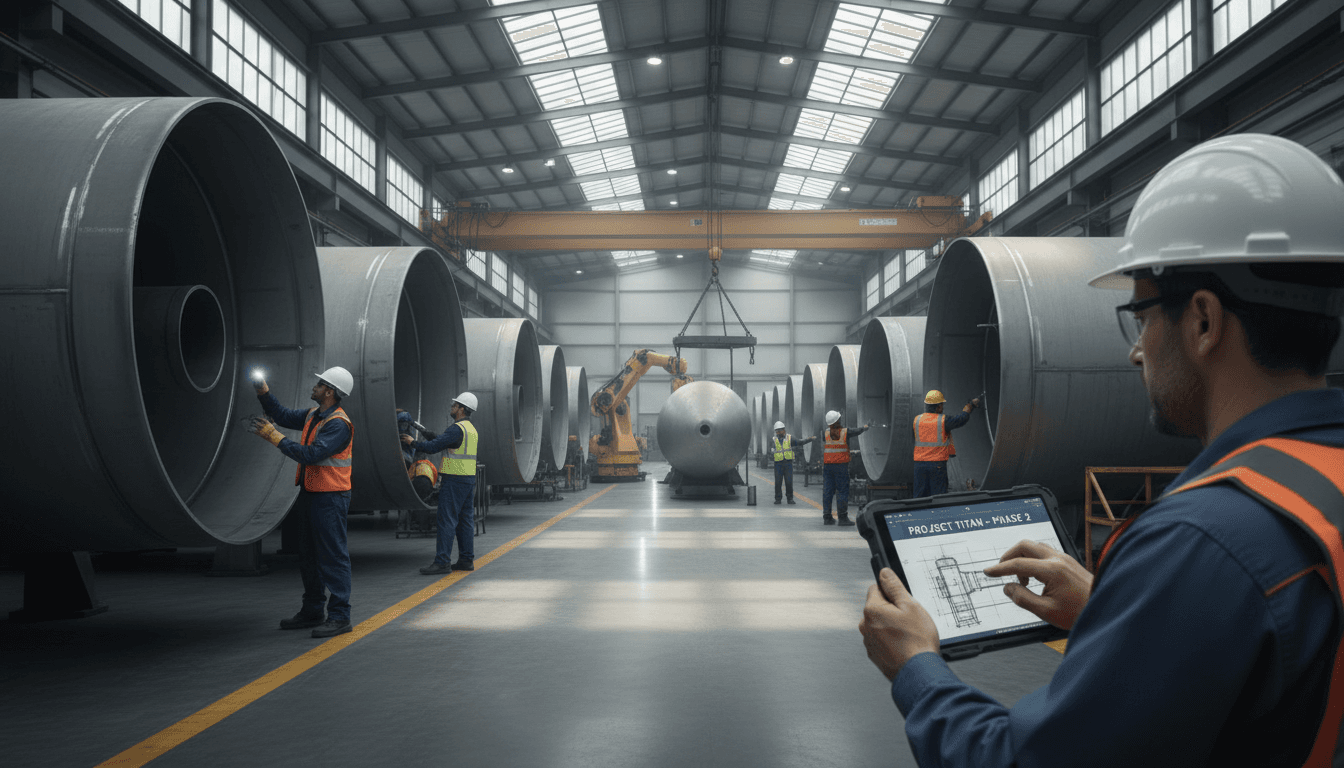 Engineer reviewing blueprints beside an assembly line
