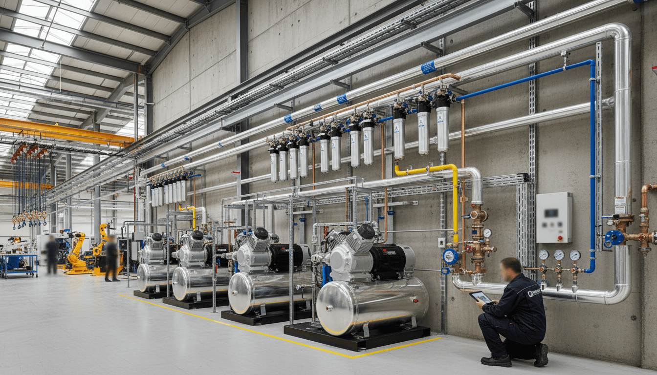 Color-coded pneumatic manifolds, stainless pipe runs, and bulk silos in a process plant, with a mechanic tightening fittings on a compressed-air header