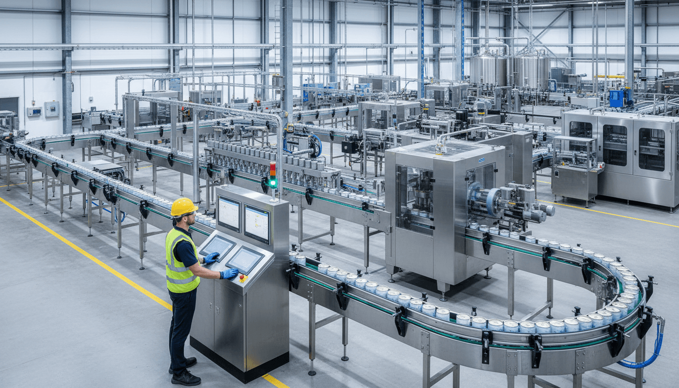 Wide industrial processing line in a New Jersey plant, stainless conveyors and control panels under cool warehouse lights, operators commissioning equipment