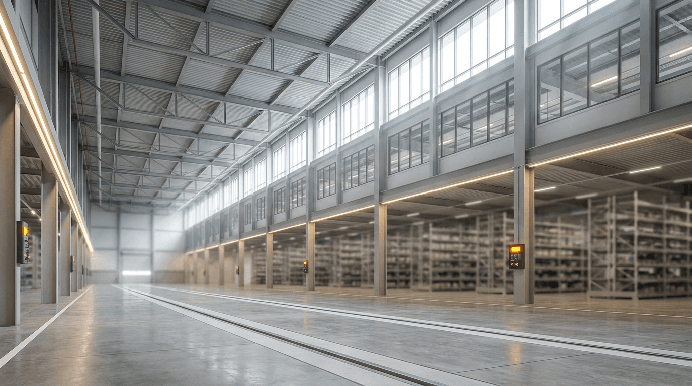 Spacious manufacturing plant interior with clean concrete floor and overhead utility lines