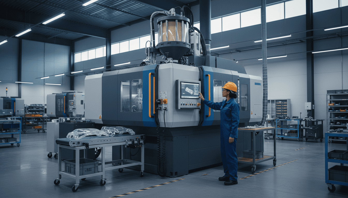 Injection molding cell with hopper, silo piping, and stainless process vessels on a clean plant floor, operators checking melt temperature at the press