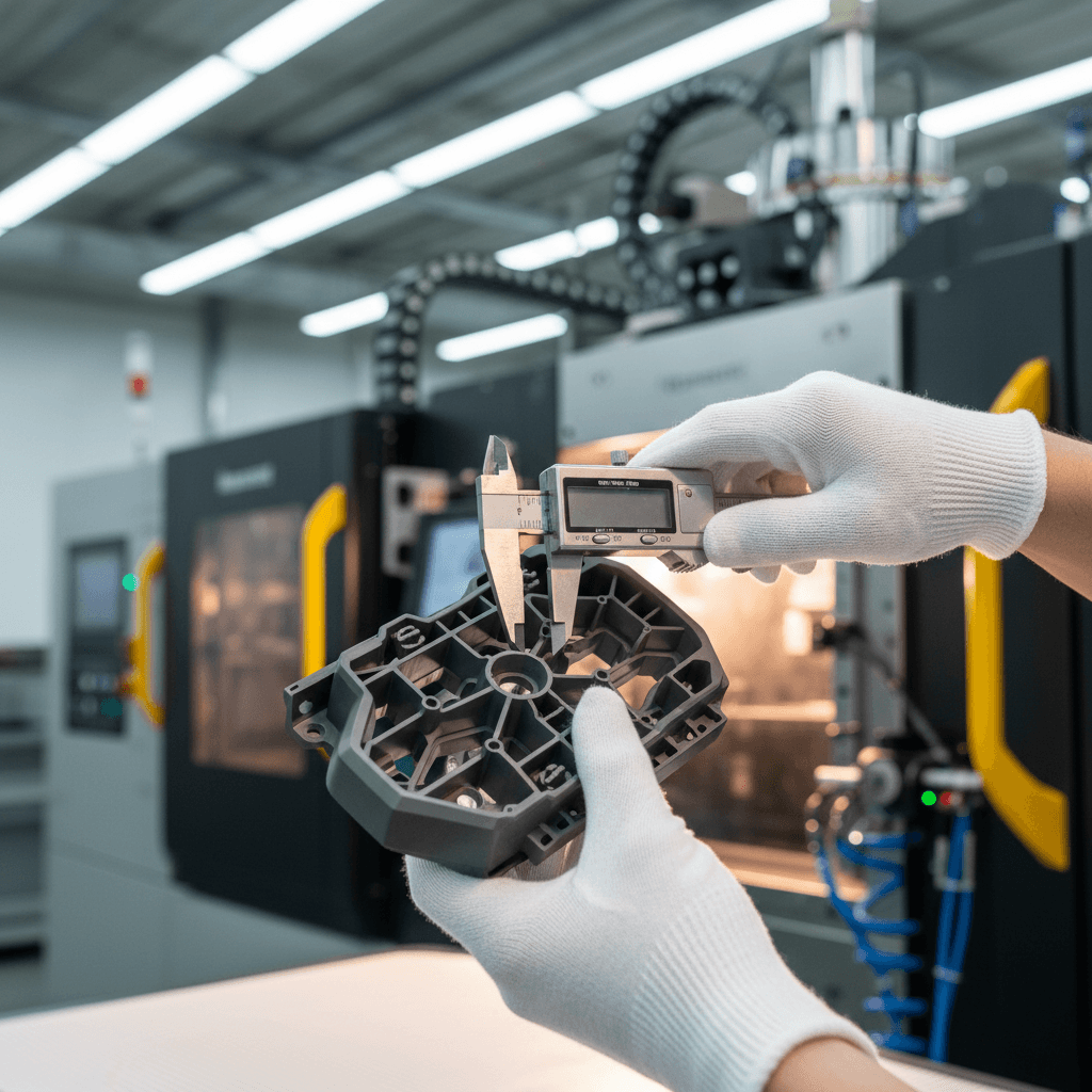 Close-up of a multi-cavity steel injection mold on a shop floor, polished cavities catching overhead shop lights, machinist inspecting ejector pins