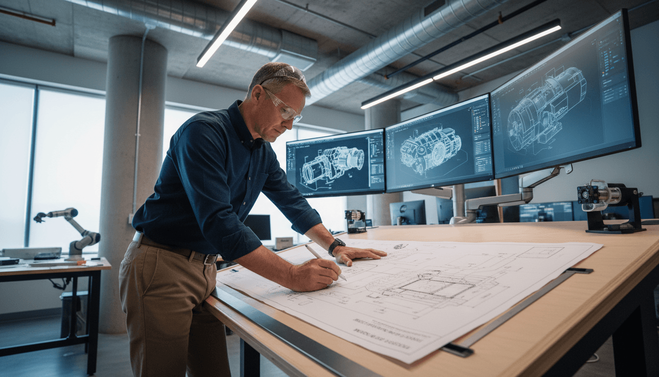 Engineer reviewing a 3D CAD model of a manufacturing plant on a large monitor, with blueprints on the desk