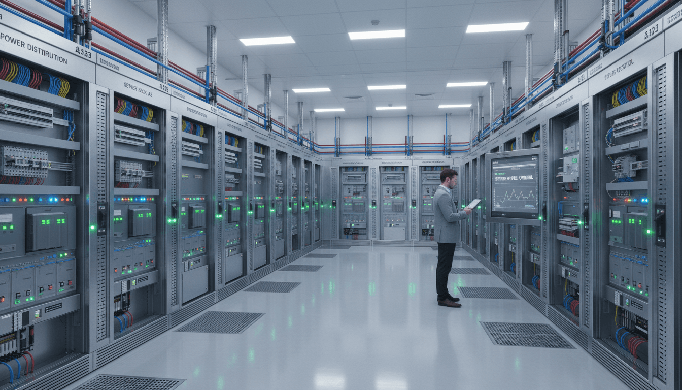 Open PLC cabinet with ladder-logic screens, VFDs, and labeled motor starters on a factory wall, engineers commissioning servo drives under cool industrial lighting
