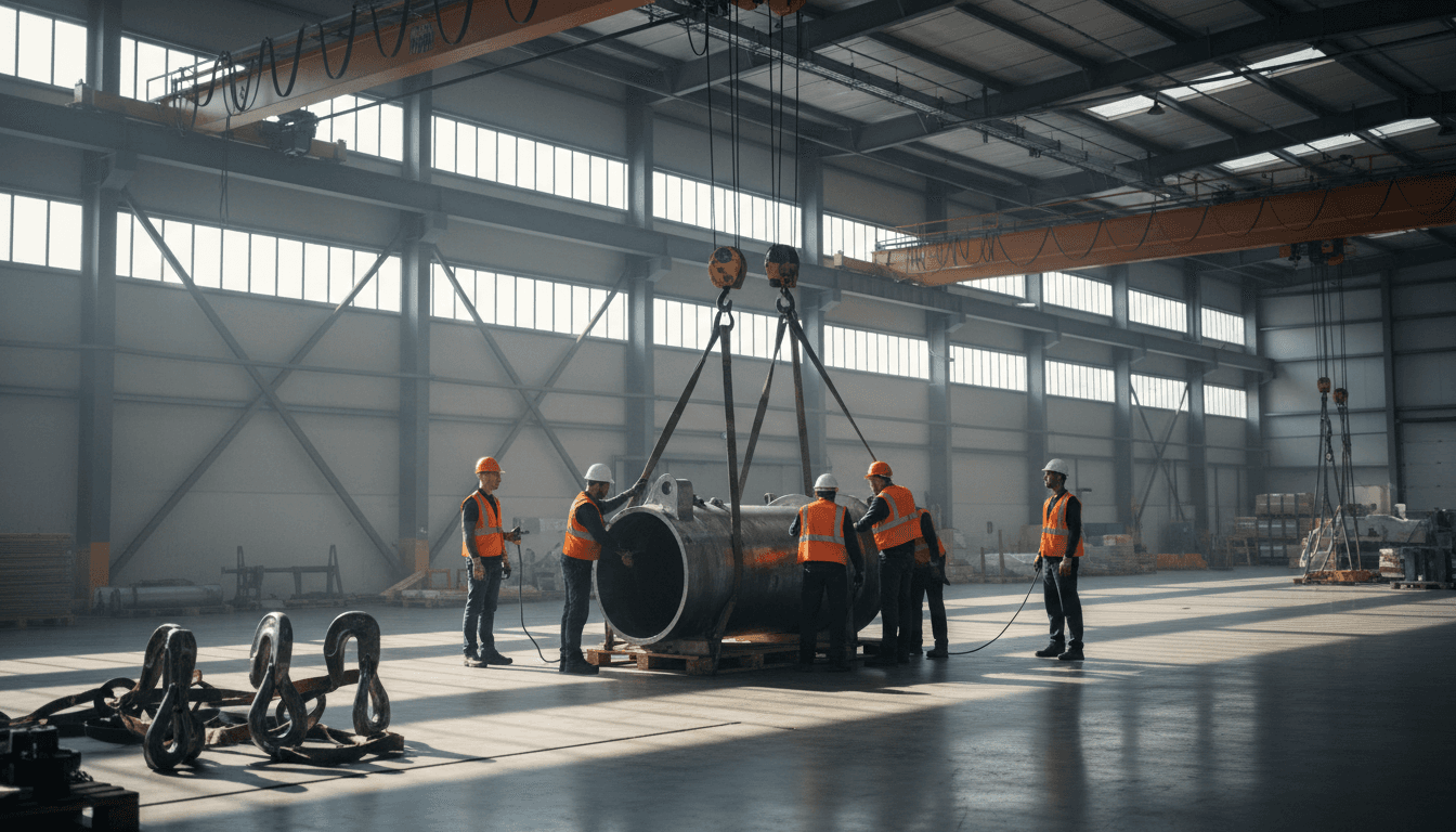 Workers guiding heavy machinery during a plant relocation move