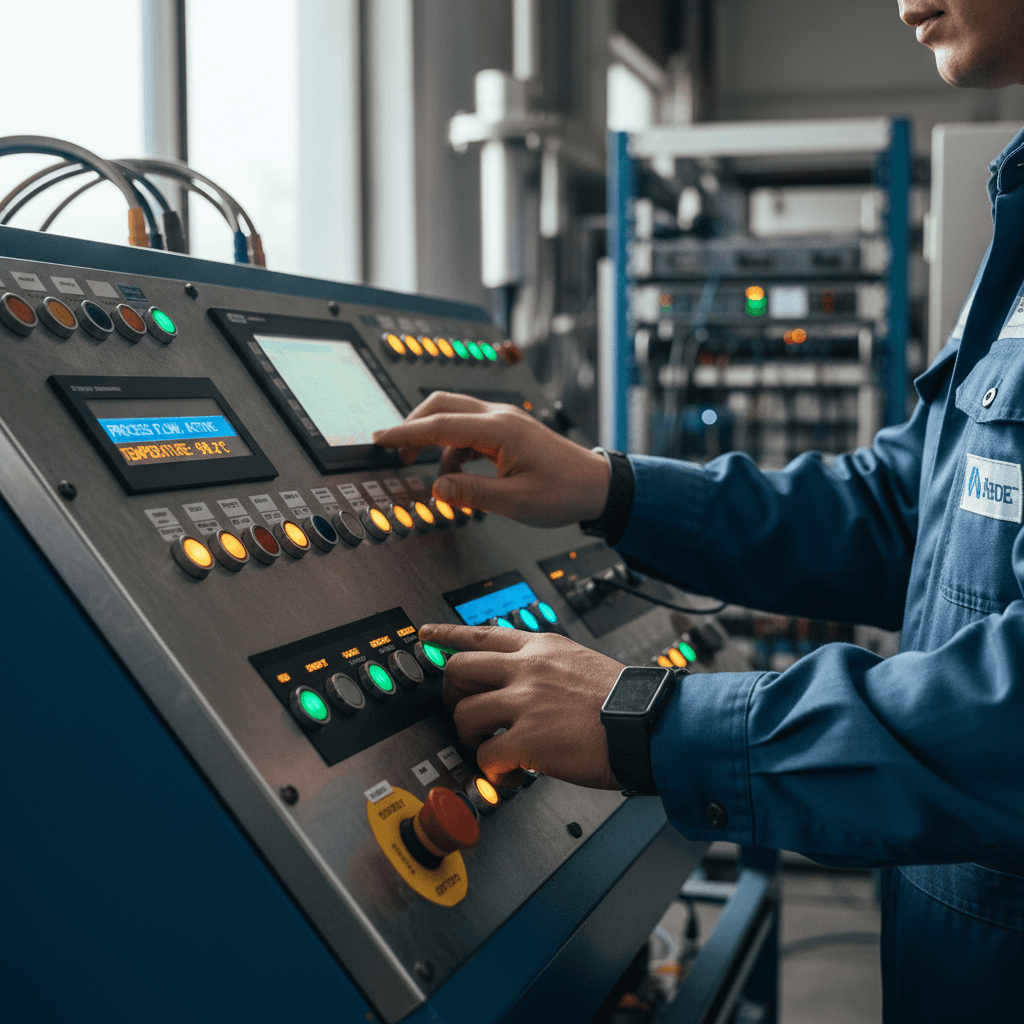Technician at a pendant HMI programming a custom robotic cell with orange articulated arms, cable trays, and glowing PLC cabinets along a stainless guard fence