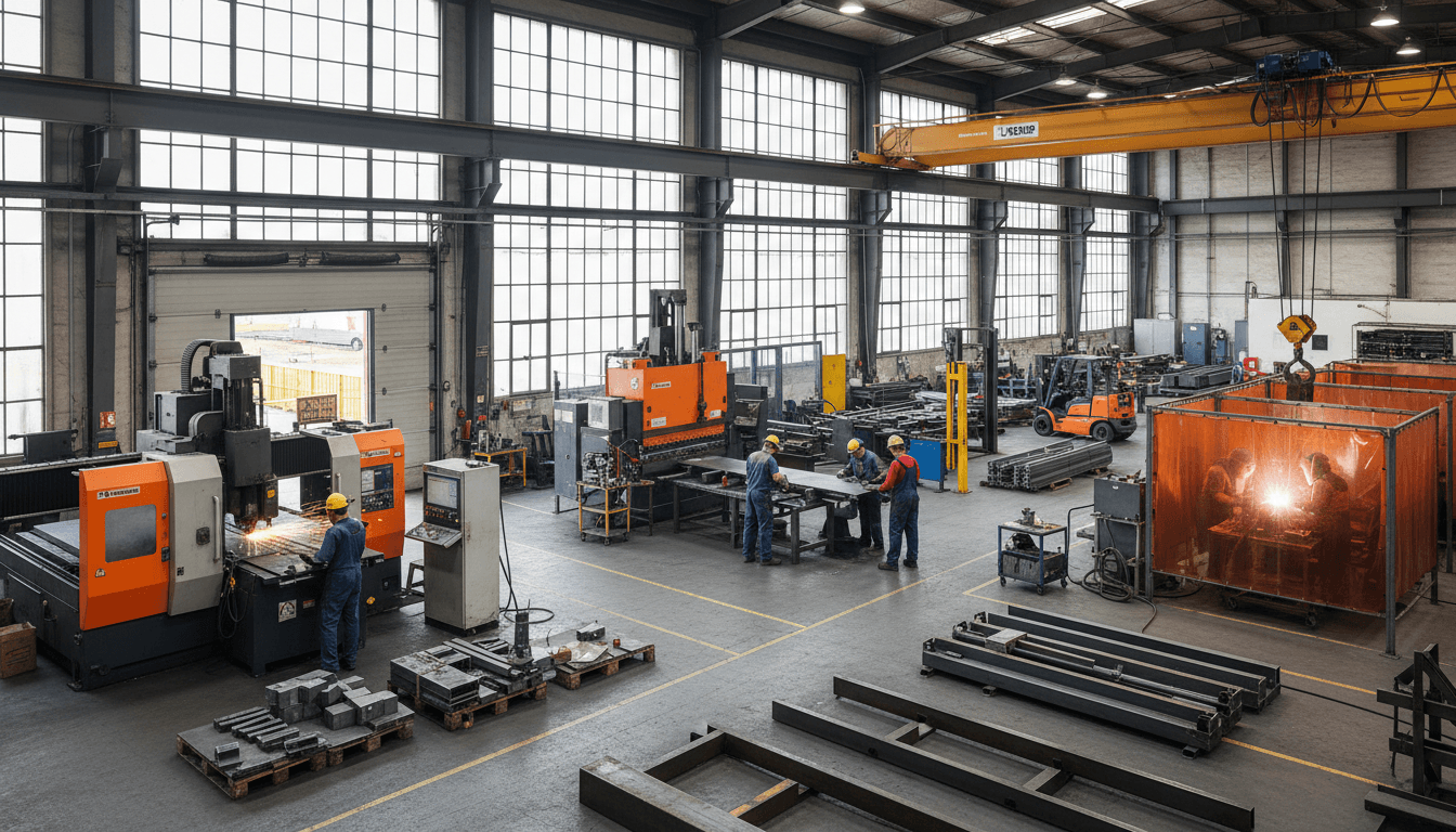 Crew in hard hats rigging a massive CNC press with slings and a gantry crane inside a factory aisle, concrete floor marked with relocation tape