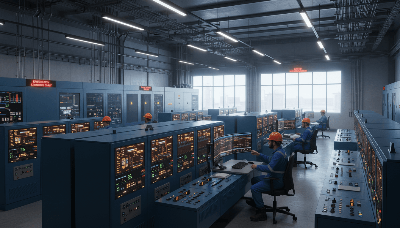 DIN-rail industrial MQTT gateway box wired to a legacy PLC, Ethernet cables to a SCADA historian rack, screens showing cloud database logs and live performance traces, dim control-room lighting, photorealistic