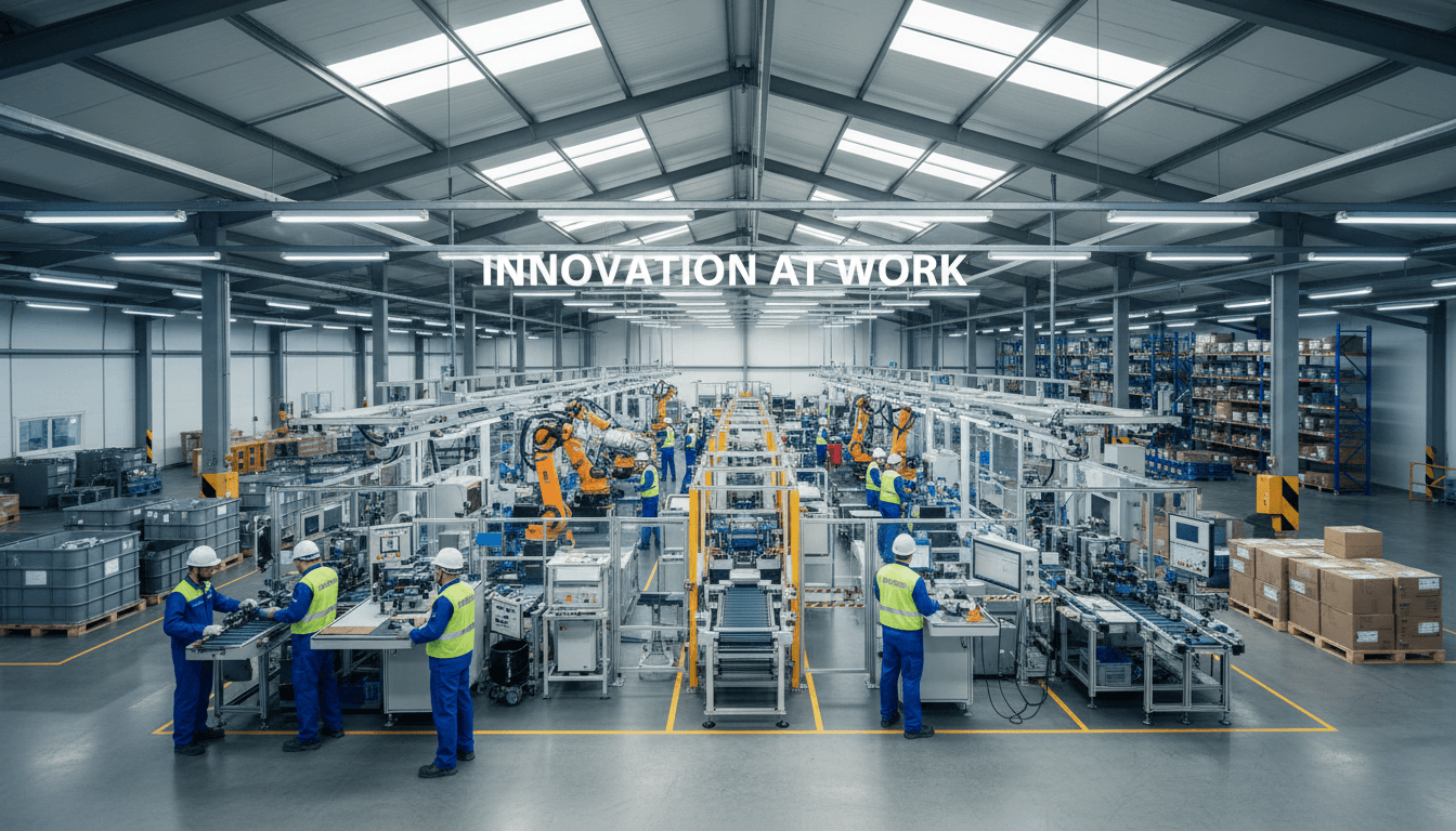 Wide view of an automated manufacturing line with robotic arms