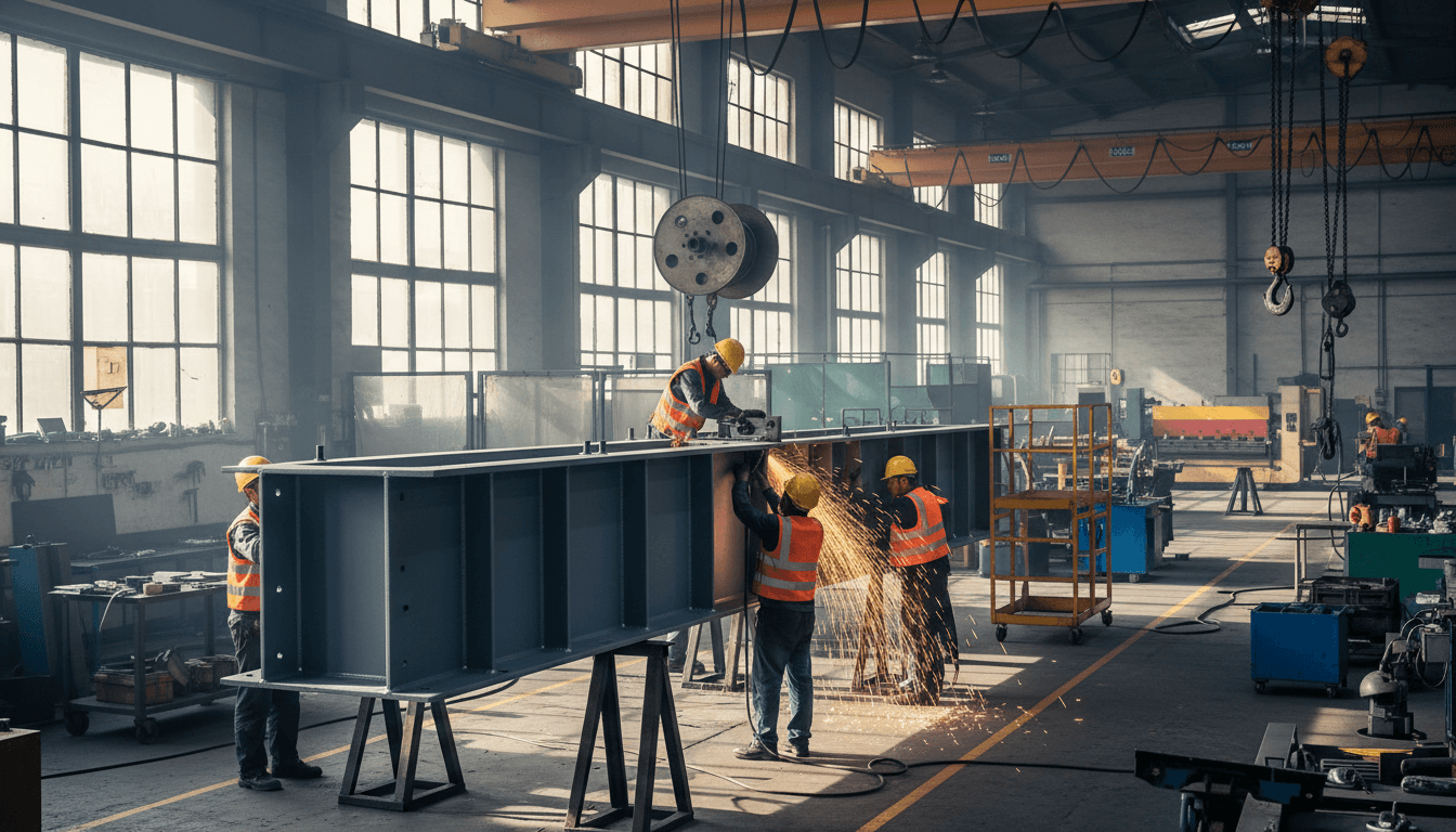 Heavy industrial press being lifted by a rigging crew with chains, dollies, and a flatbed truck in a factory aisle