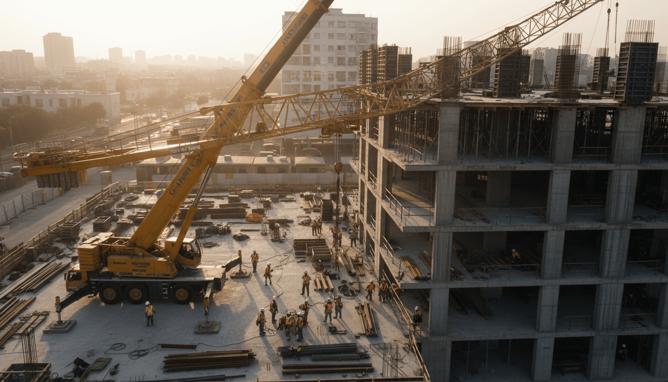 Night-shot of a massive press being lifted by a yellow gantry crane, sparks of work lights cutting through dust, high-drama industrial relocation photography with deep shadows and molten highlights