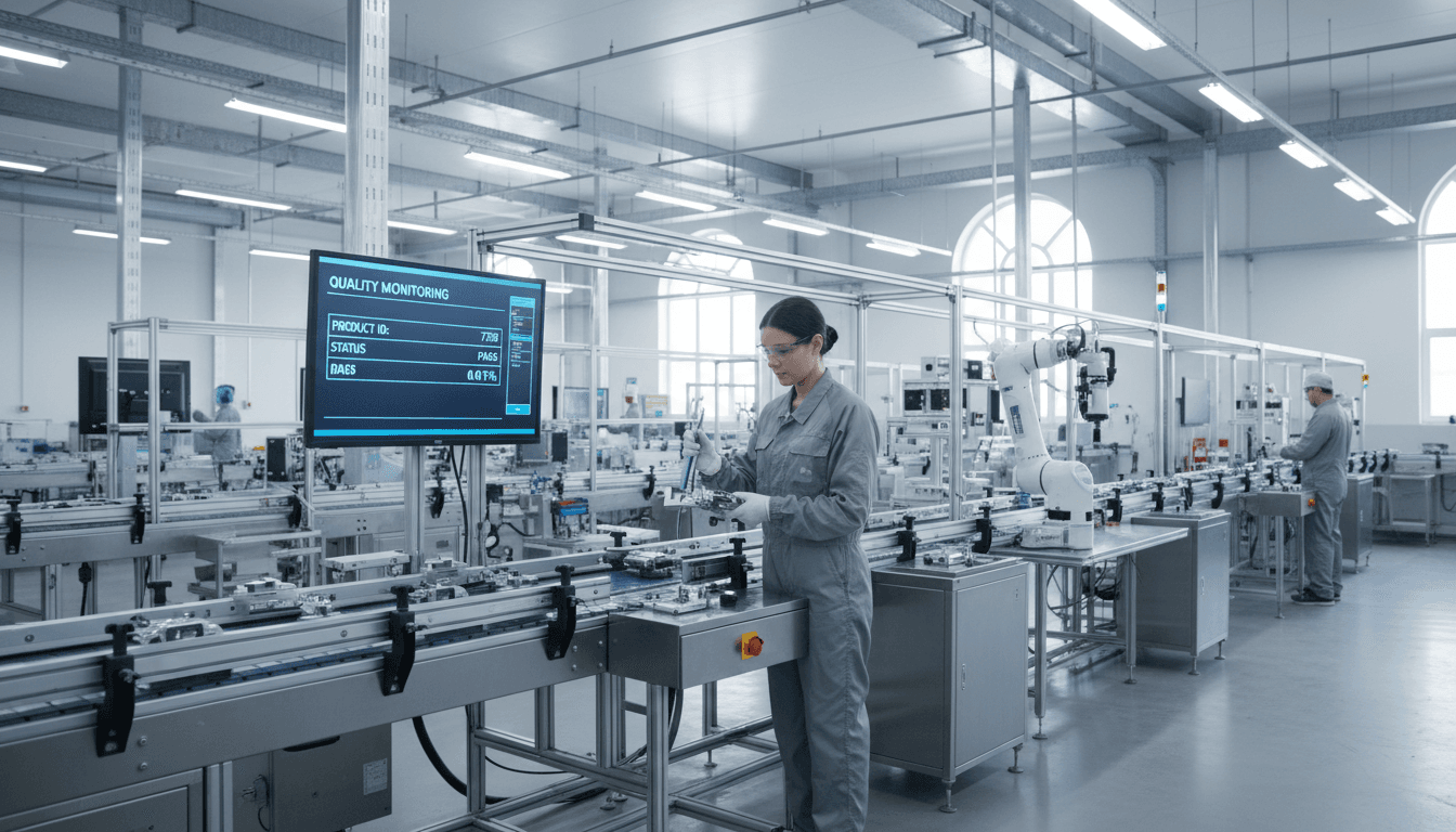 Fully assembled production line running first product through stainless conveyors as technicians watch gauges during commissioning
