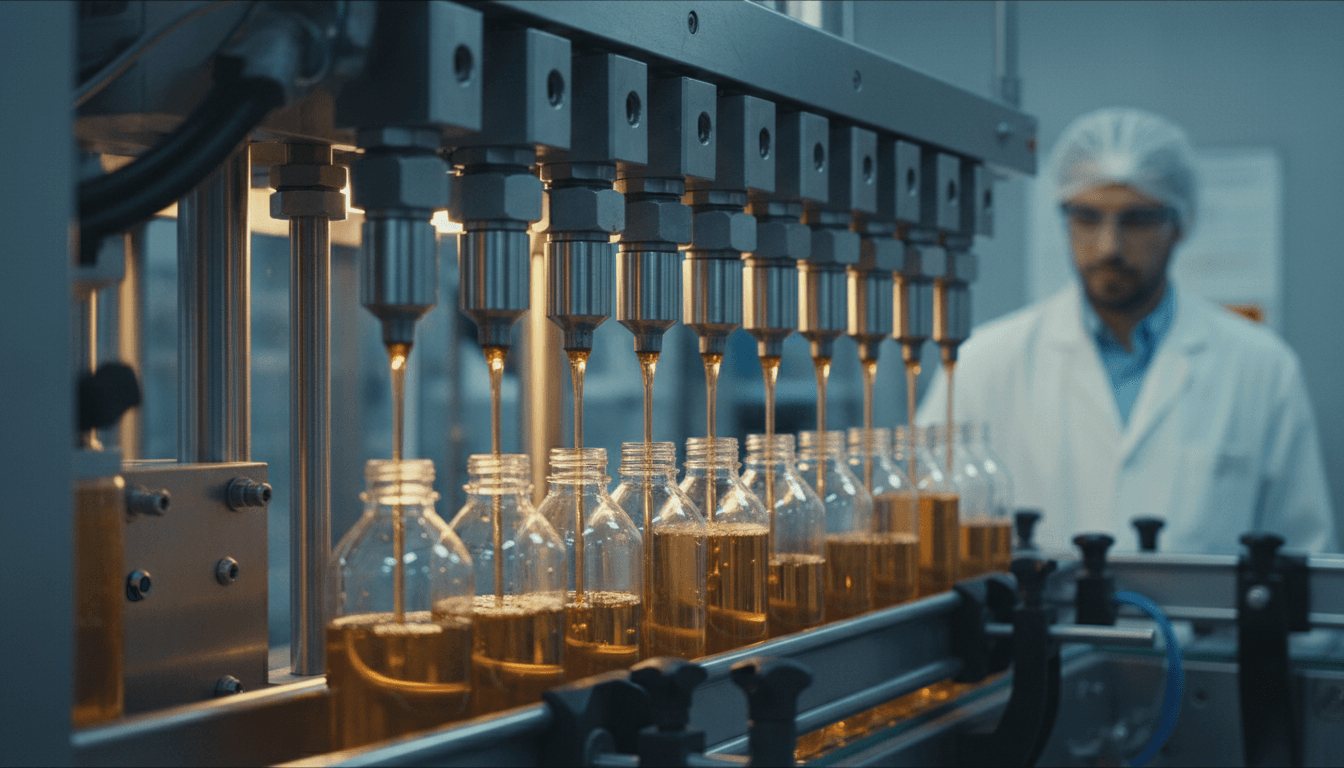 Fill-line HMI screen showing live cycle counts and reject rates beside stainless filling nozzles, plant floor in soft focus, documentary industrial photo